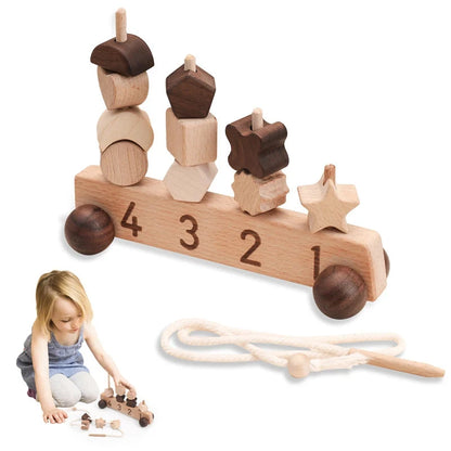 Montessori Thread Toys for Children Educational Baby Puzzle Interactive Toy Car for Kids Different Shapes Wooden Building Blocks