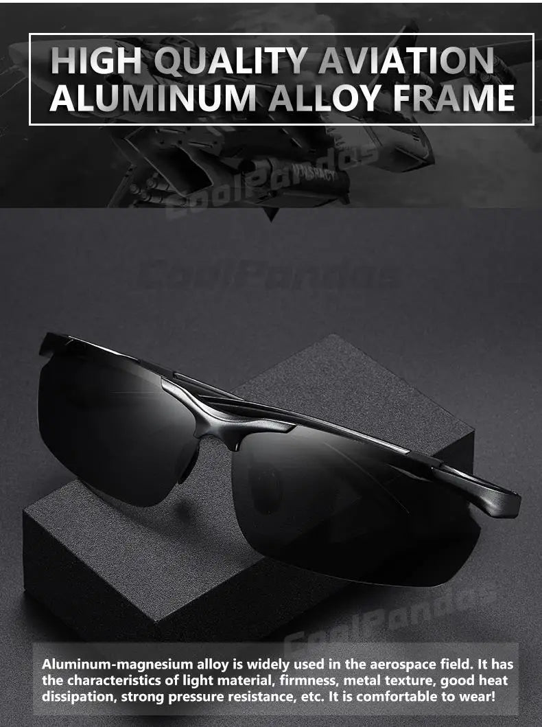Aluminum Rimless Photochromic Polarized UV400 Day Night Driving Sunglasses for Men Women
