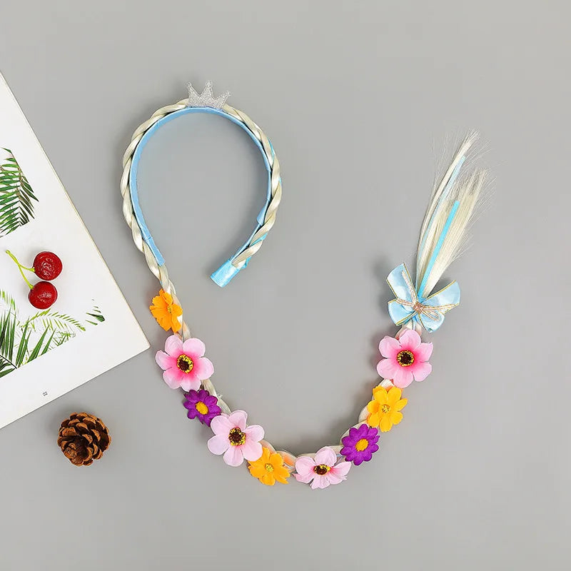 Girls Pink Blue Purple Flower Weaving Braid Headband  Princess Dress Up Hair Accessories Aurora Elsa Sofia Rapunzel Wig