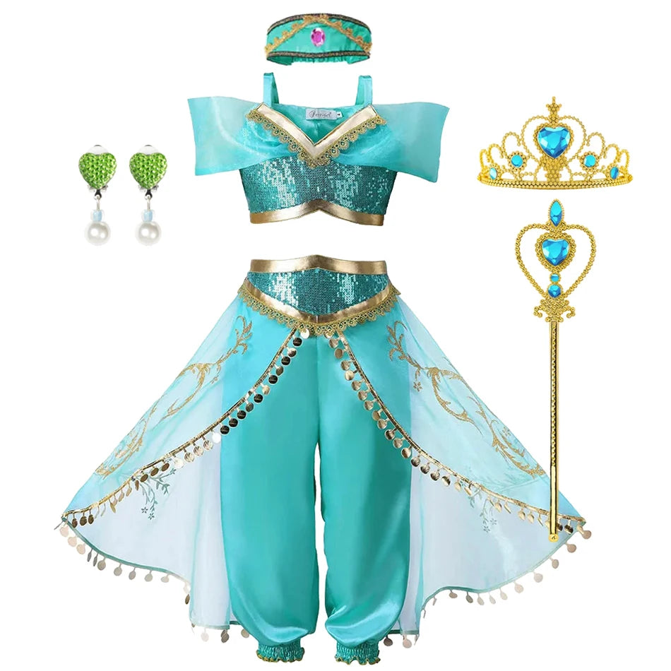 Girls Jasmine Dress Aladdin Princess Magic Lamp Carnival Birthday Clothing Vestidos Halloween Party Cosplay Costume