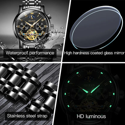 Automatic Mechanical Watch for Men Skeleton Flywheel Design Stainless steel Waterproof Moon Phase Watch