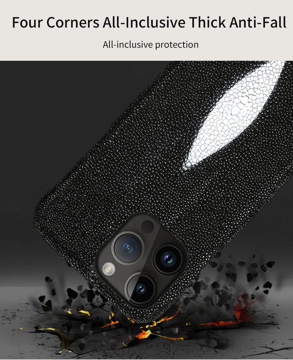 Genuine Stingray Leather Phone Case for iPhone 16 15 14 Pro Max Plus 14Pro 15Pro max Luxury Shockproof Back Cover