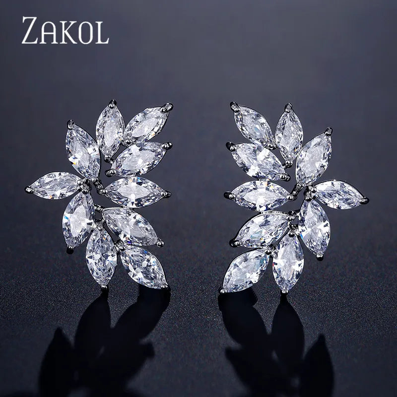 Leaf Cubic Zircon Stud Earrings for Women Shinny Sliver Color Crystal Flower Earring