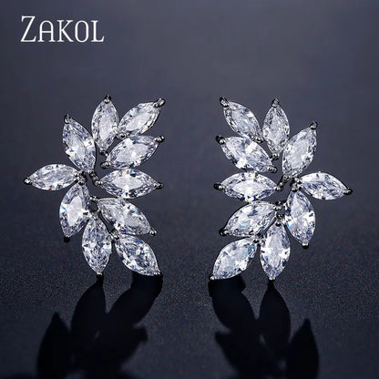 Leaf Cubic Zircon Stud Earrings for Women Shinny Sliver Color Crystal Flower Earring