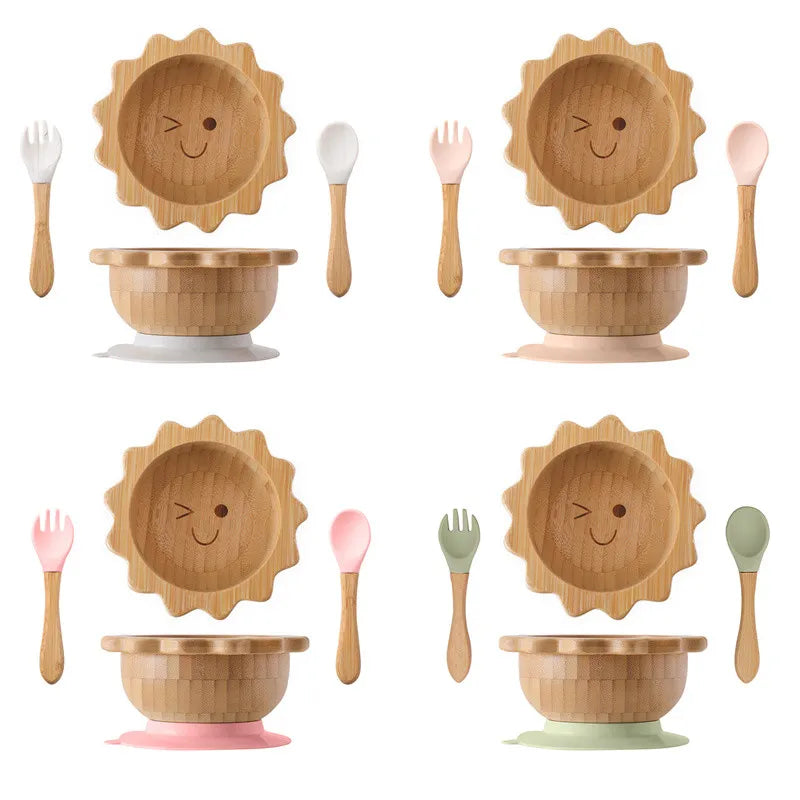 Baby Wooden Tableware Set Sun Bamboo Wooden Plate Bowl Silicone Suction Wooden Handle Fork Spoon for Newborn Feeding Supplies