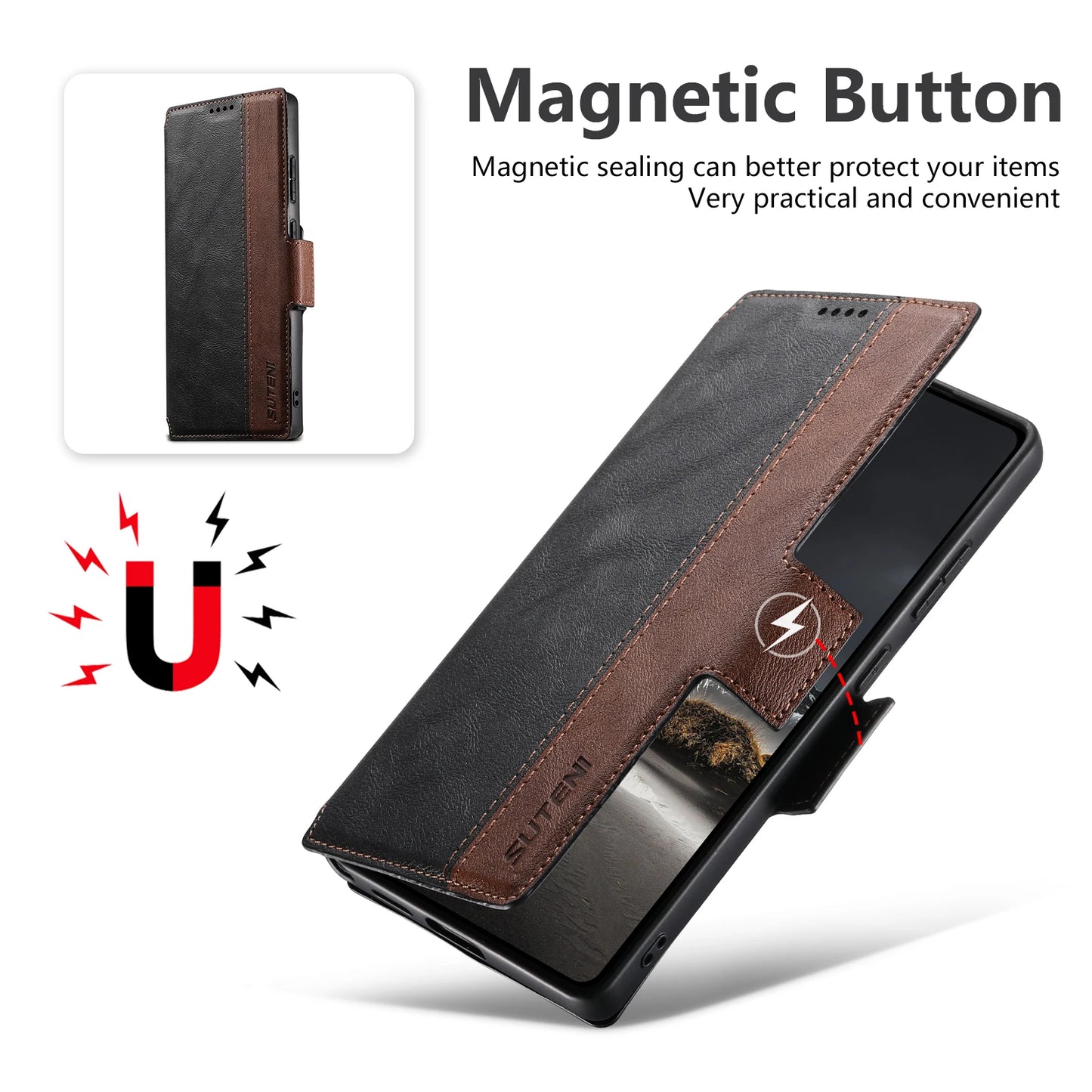 Magnetic Flip Wallet Case with Card Holder & Stand for Samsung Galaxy S26 Ultra / S25 / S24 / S23 – Faux Leather Wireless Charging Cover