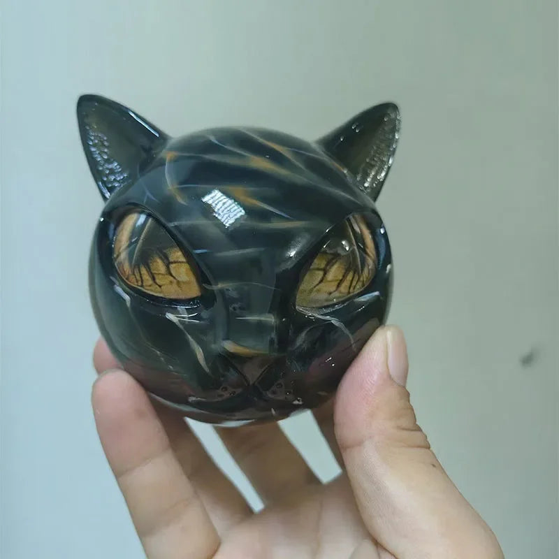 Black Cat Figurine Resin Cat Head Healing Stone Marble Texture Cat Stone Resin Cat Sculpture Ornament Cat Sculpture Craft