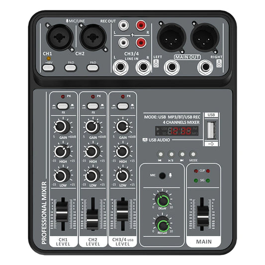 4 Channel Audio Mixer With Bluetooth USB And 48V Phantom Power