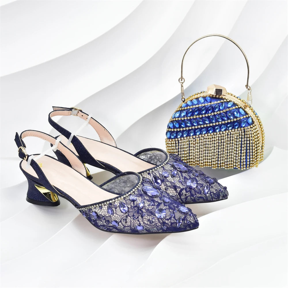 African Wedding Shoes and Bag Set with Rhinestone Italian Design Shoes with Matching Bags Nigerian Lady Party Pumps