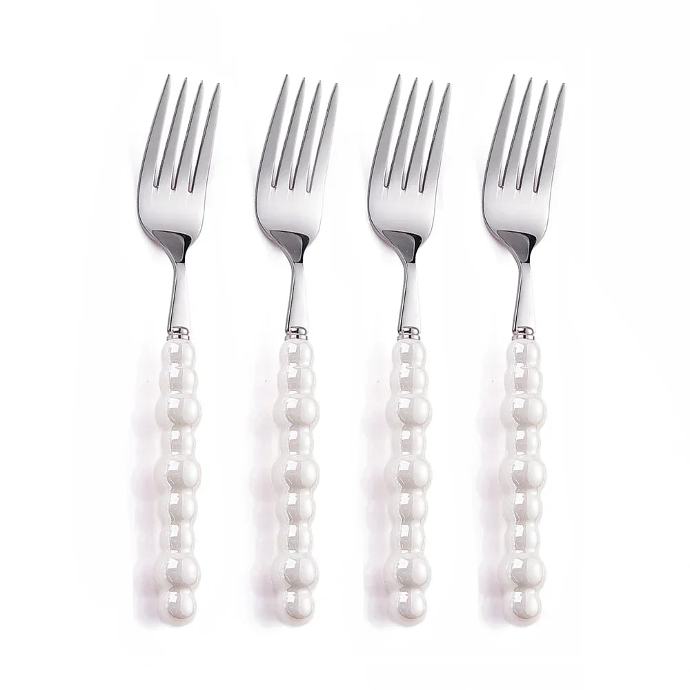 4Pcs Luxury Dinnerware Set Ceramic Pearl Handle Stainless Steel Spoon and Fork Set Western Silver Cutlery High-looking Tableware