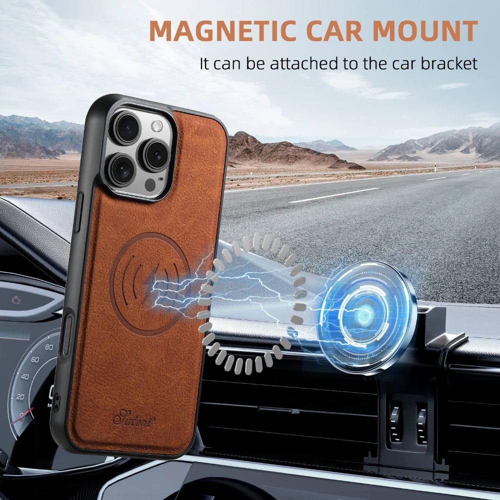Leather for Magsafe Case for iPhone 16 15 Pro Max 16e 14 Plus 16Plus Bracket  Back Cover with Card Holder