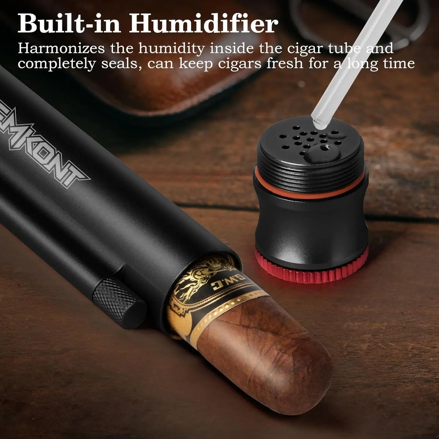 Travel Cigar Tube, Portable Aluminum Cigar Storage Tube Built in Humidifier, with Dual Cigar Punch Cigar Needle Cigar Holder