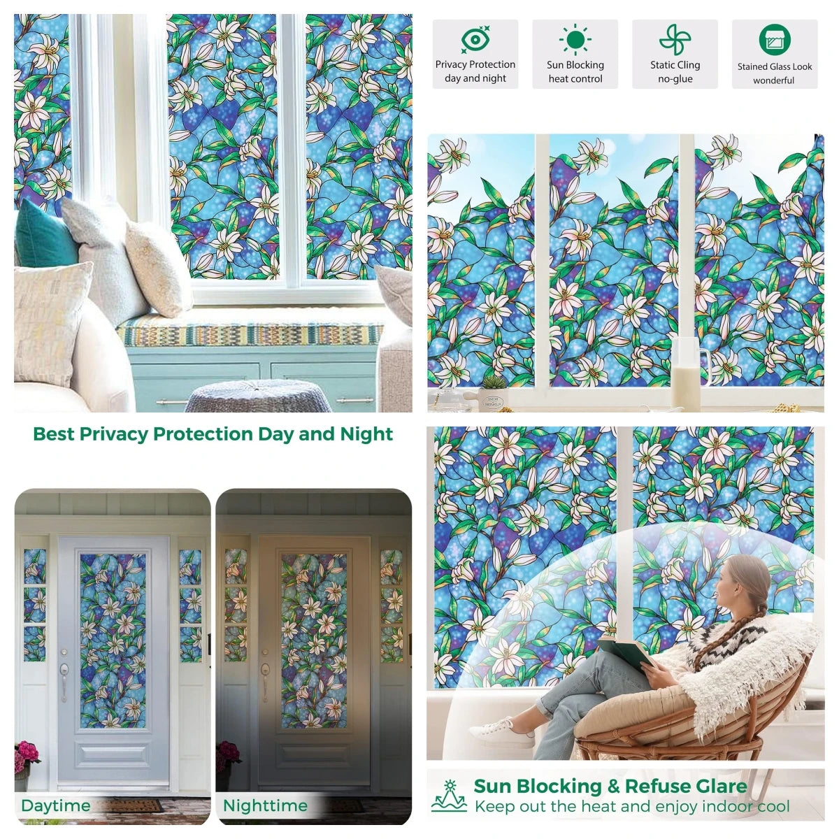 45/60/90Cm Rainbow Window Privacy Film 3D Decorative Vinyl Stained Glass Decals Static Cling Non-Adhesive Window Film Stickers