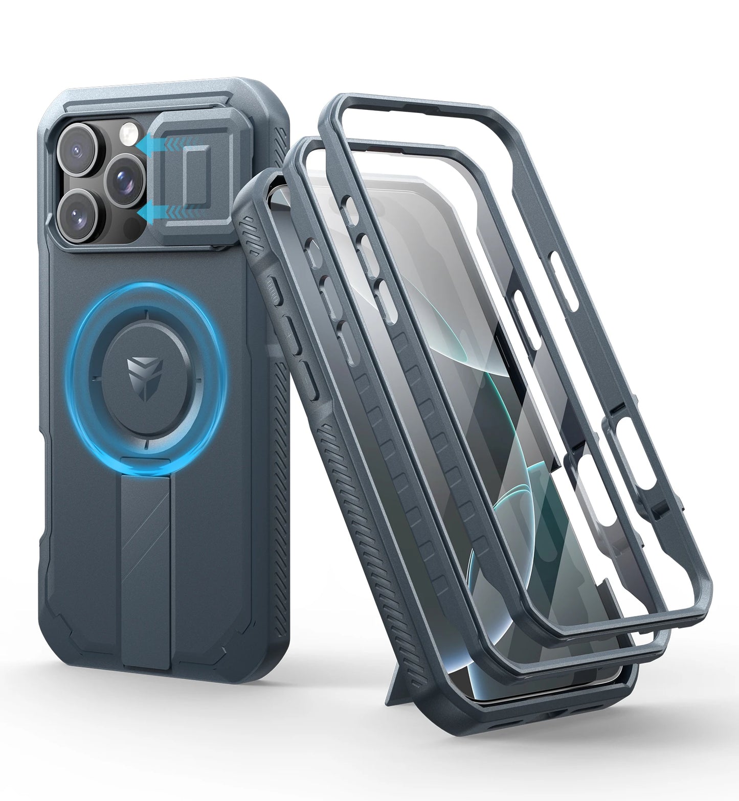 For iPhone 16 Pro Max Rugged Armor Shockproof Case with Built-in Sliding Camera Cover and Built-in Screen Protector Kickstand