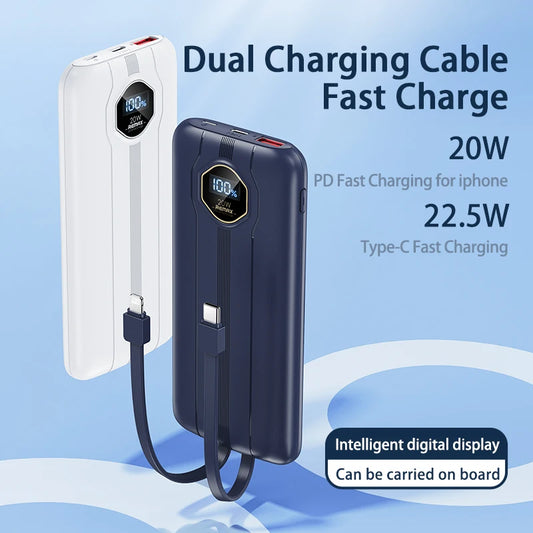 5 In 1 Power Bank 10000mAh PD 20W Fast Charing Built-in Dual Cable With Intelligent LCD Screen for iPhone 12-17 Huawei Xiaomi