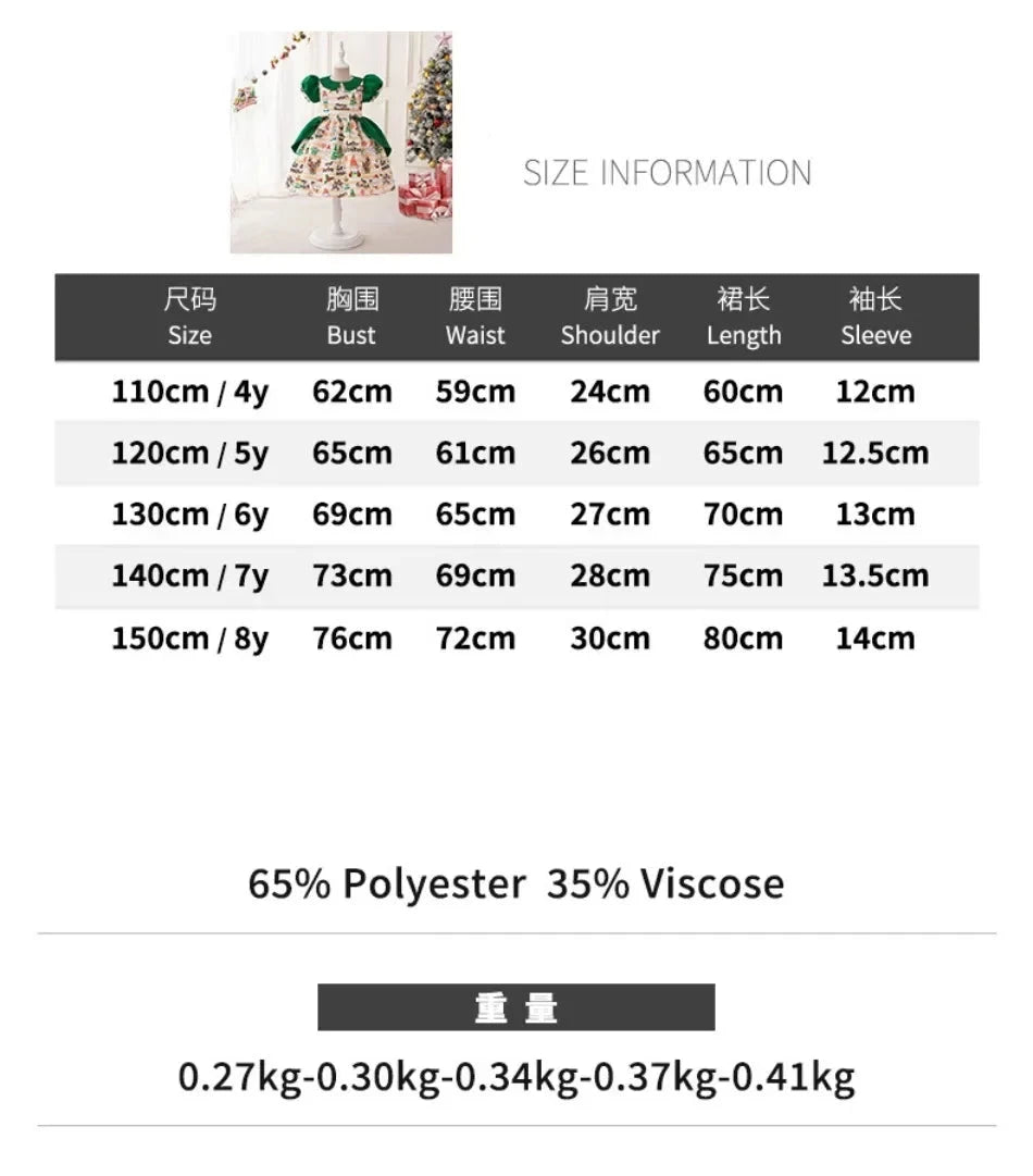 Girls Elegant Dresses Santa Claus Snowflake Print Child Christmas Costume Red Green Kids Princess Dress Party Evening Clothing