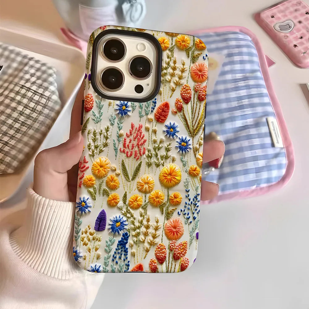 Wildflower Boho Embroidery Effect Flower Case for iPhone 16 15 Pro Max 14 Plus Protective 2 in 1 Double Deck Cover