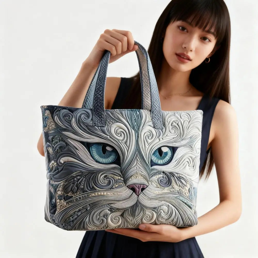 Cat Print Quilted Canvas Tote Bag Large Capacity Travel Shoulder Handbag