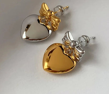 Asymmetrical Smooth Metal Bowknot Heart Earrings For Women Jewelry Senior Sense Sweet Korean Design