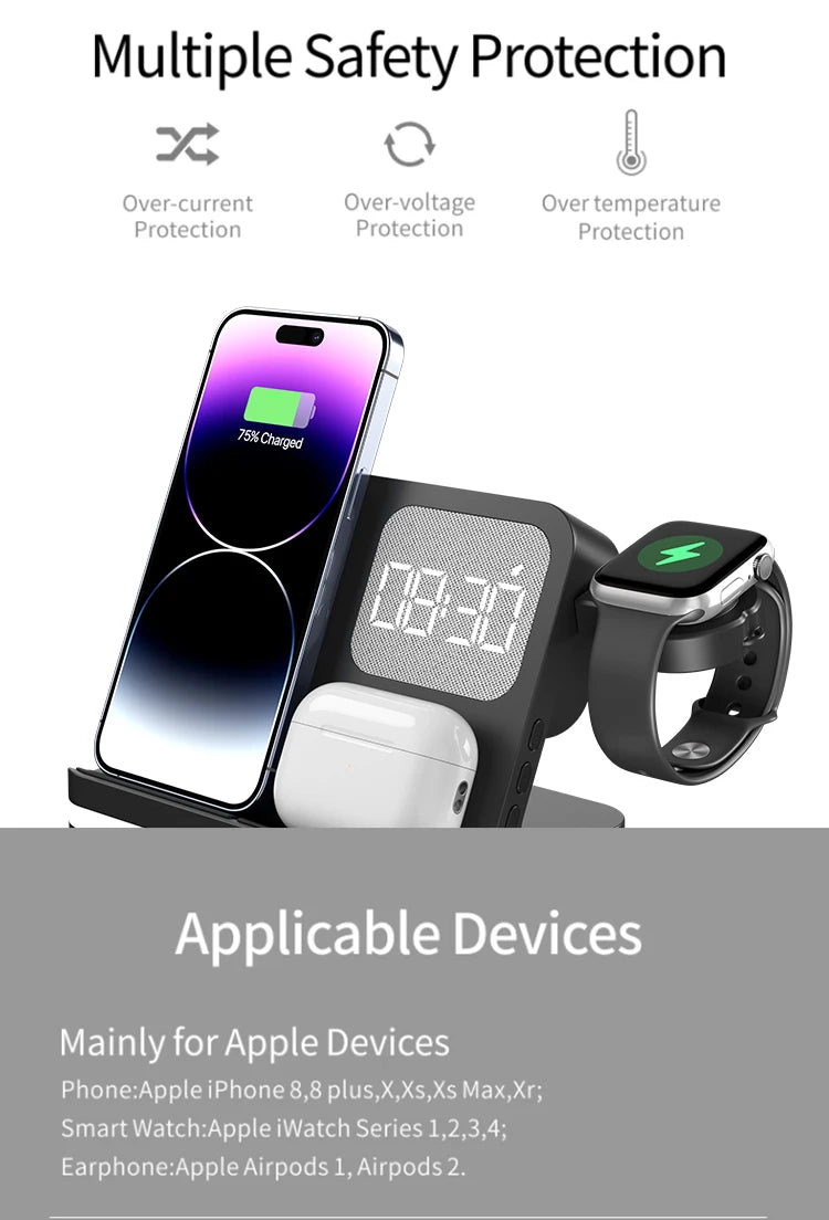 Clock, desktop, mobile phone, headphones, watch, wireless charger, both entertainment and charging not wrong