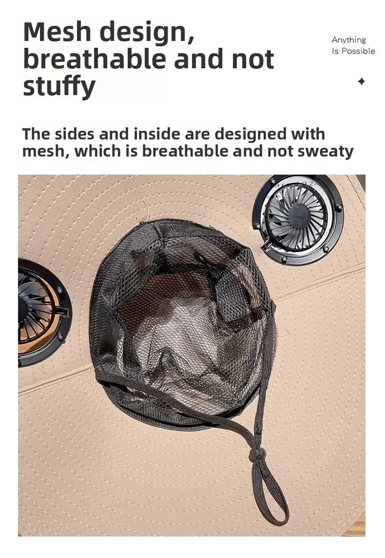 Wide Brim Fishing Hat With Dual Solar Fans