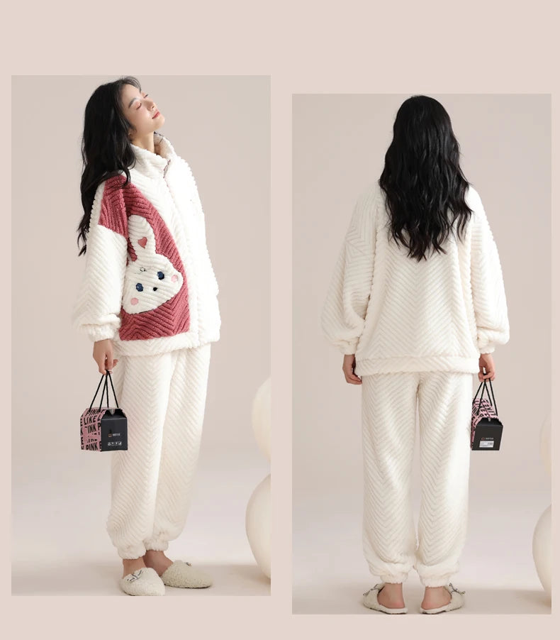Women’s Winter Flannel Pajama Set – Warm Coral Fleece Loungewear with Cute Bunny Design