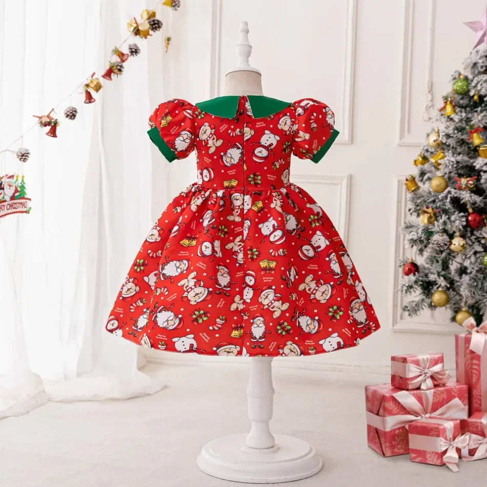 Girls Elegant Dresses Santa Claus Snowflake Print Child Christmas Costume Red Green Kids Princess Dress Party Evening Clothing