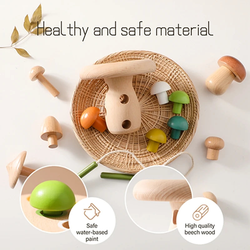 Wooden Baby Montessori Thread Toy Cartoon Mushroom Simulation Toys Natural Building Blocks Place Toys Room Decoration Baby Gifts