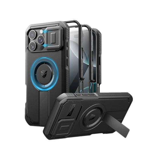 For iPhone 16 Pro Max Rugged Armor Shockproof Case with Built-in Sliding Camera Cover and Built-in Screen Protector Kickstand