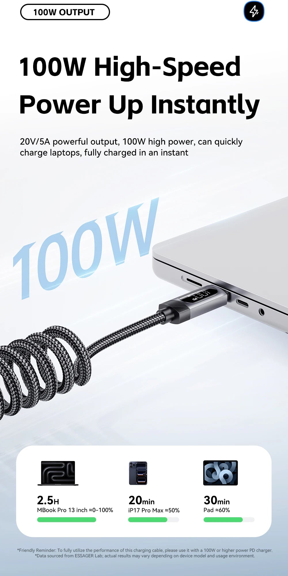 100W Car Spring USB-C to USB-C Fast Charging Cable (Retractable)
