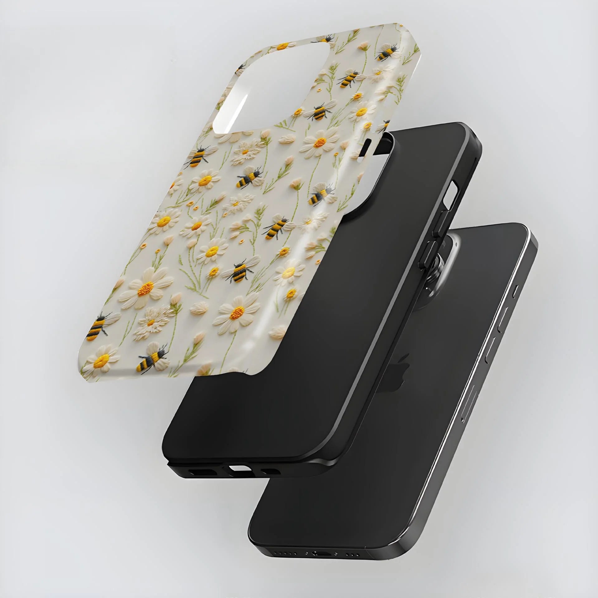 Luxury Embroidery Effect Bee Daisy Flower Phone Case for iPhone 16 15 Pro Max Plus 2 in 1 Hard Protective Cover