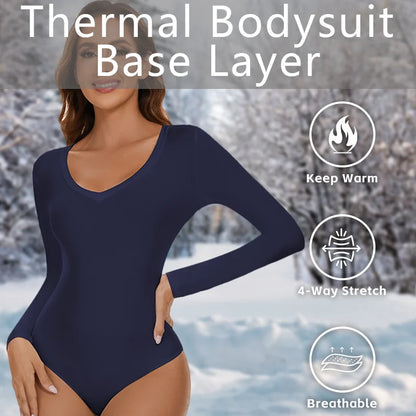 Bodysuit Women Body Shaper V Neck Slimming Jumpsuit Long-sleeved Winter Thermal Underwear Seamless Breathable Base Layer