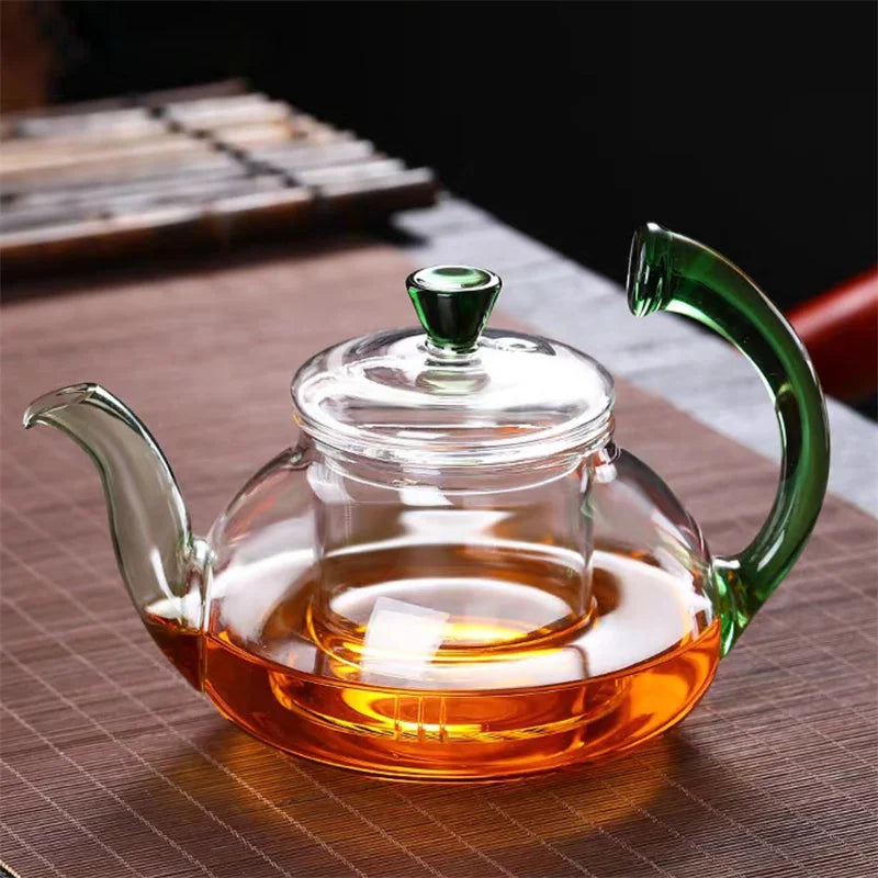 Heat Resistant Clear Glass Teapot with Infuser and Color Warped Handle