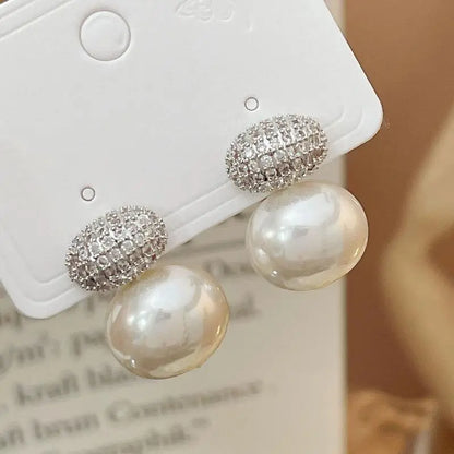 Elegant Oval Imitation Pearl Stud Earrings for Women Geometric Fashion Cubic Zirconia Earring