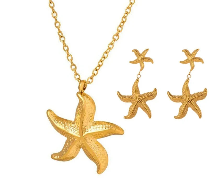 Trendy Starfish Pendant Necklace For Women Girls 18K Gold Plated Stainless Steel Choker Chains Earrings 45 cm