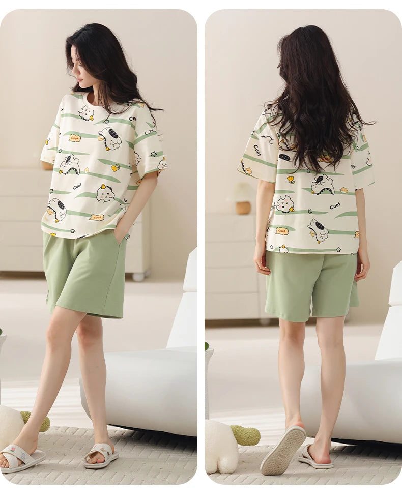 2-Pcs Women’s Cotton Pajama Set – Breathable Short Sleeve Summer Sleepwear with Cute Prints