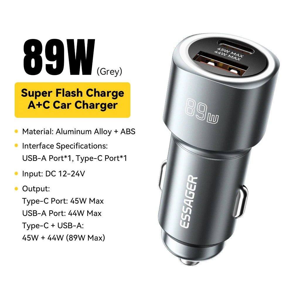 89W USB-C + USB-A Super Fast Car Charger (PD + QC 3.0)