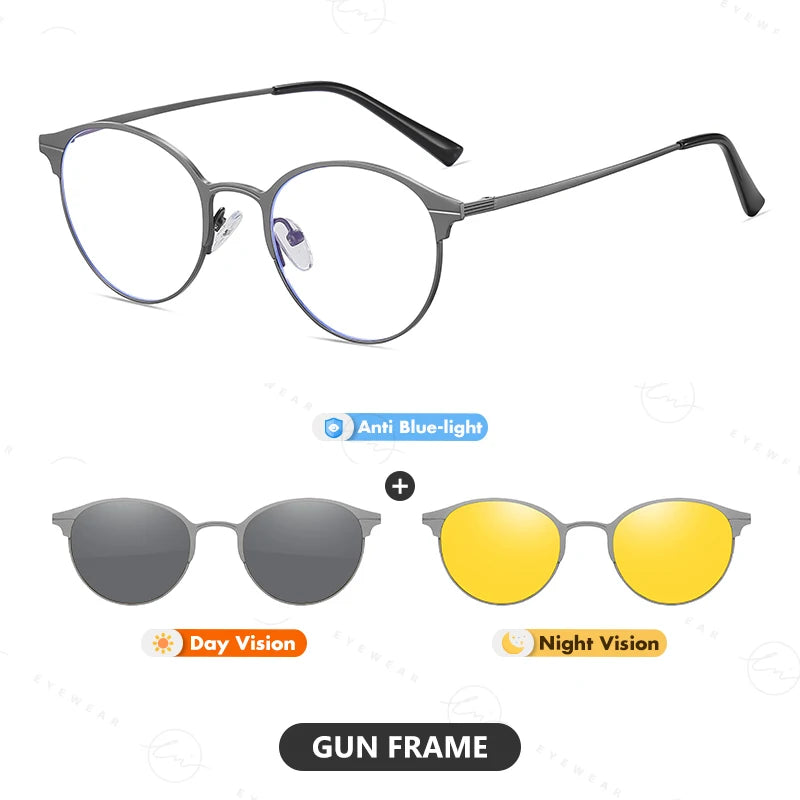 Round Magnetic Clip On Polarized Sunglasses UV400 Anti Blue Light Computer Glasses for Men Women