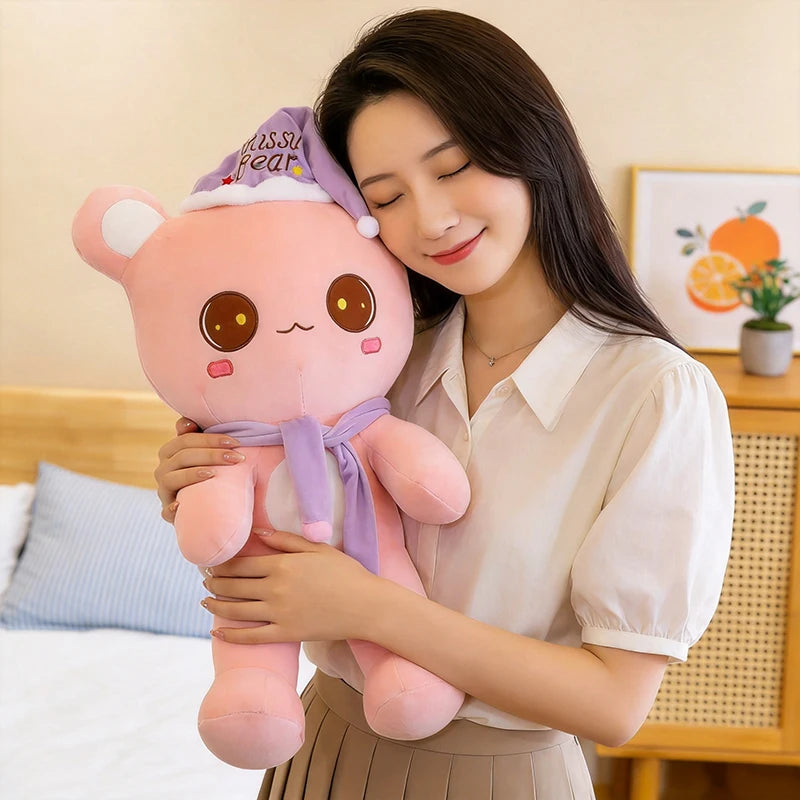 Cute Bear Plush Toy With Sleep Hat And Scarf Soft Pillow