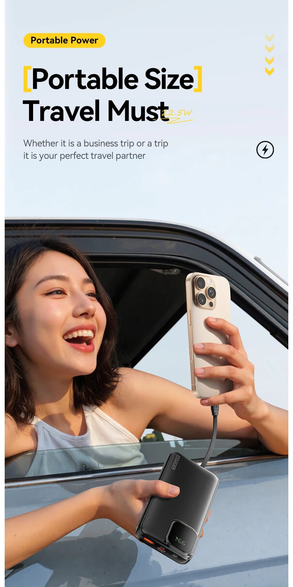 20000mAh Power Bank 22.5W PD Fast Charging with Built-in Type-C & Lightning Cables Digital Display Portable Charger