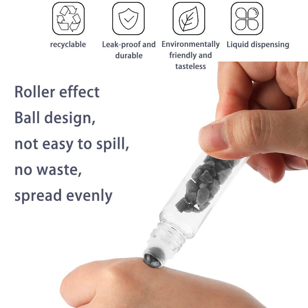10pcs Glass Essential Oil Roller Bottles with Natural Gemstone Chips Refillable Roll-On Healing Crystal Bottles for Aromatherapy