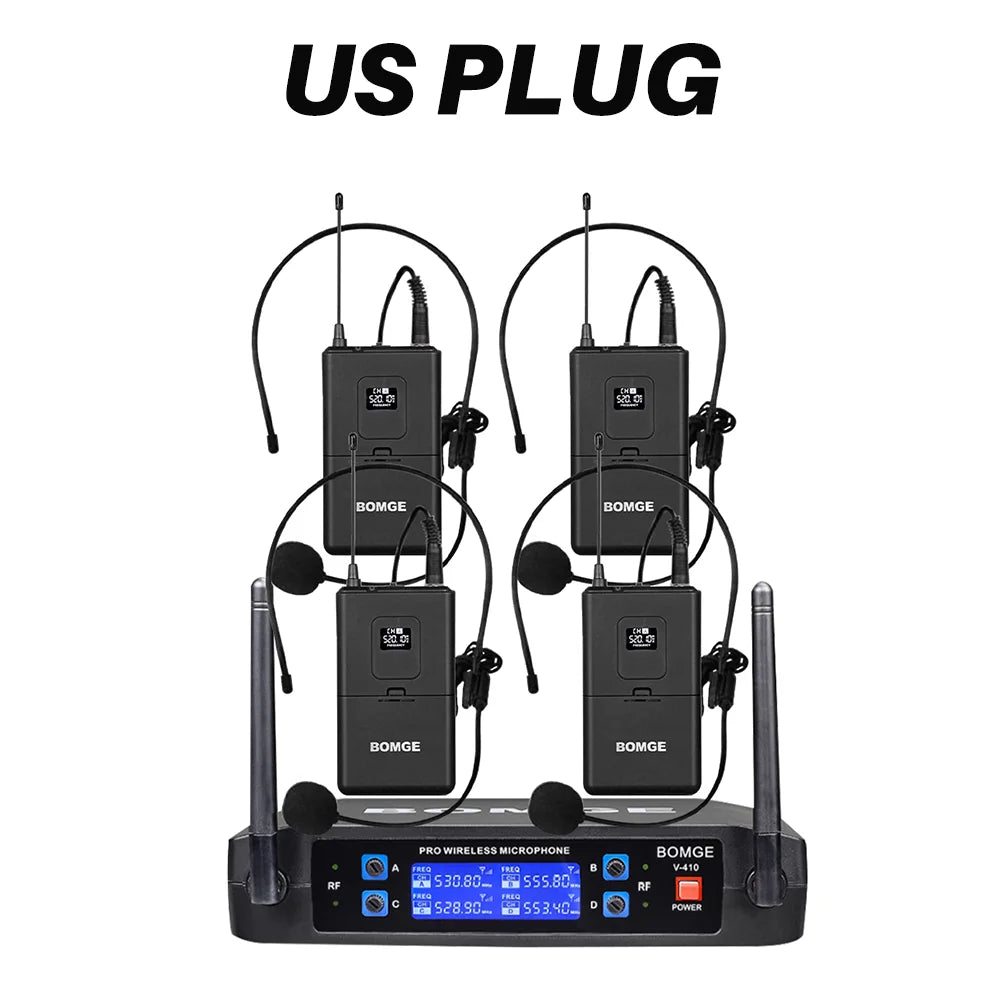 4 Channel Wireless Headset Microphone System for Stage Performances and Conferences