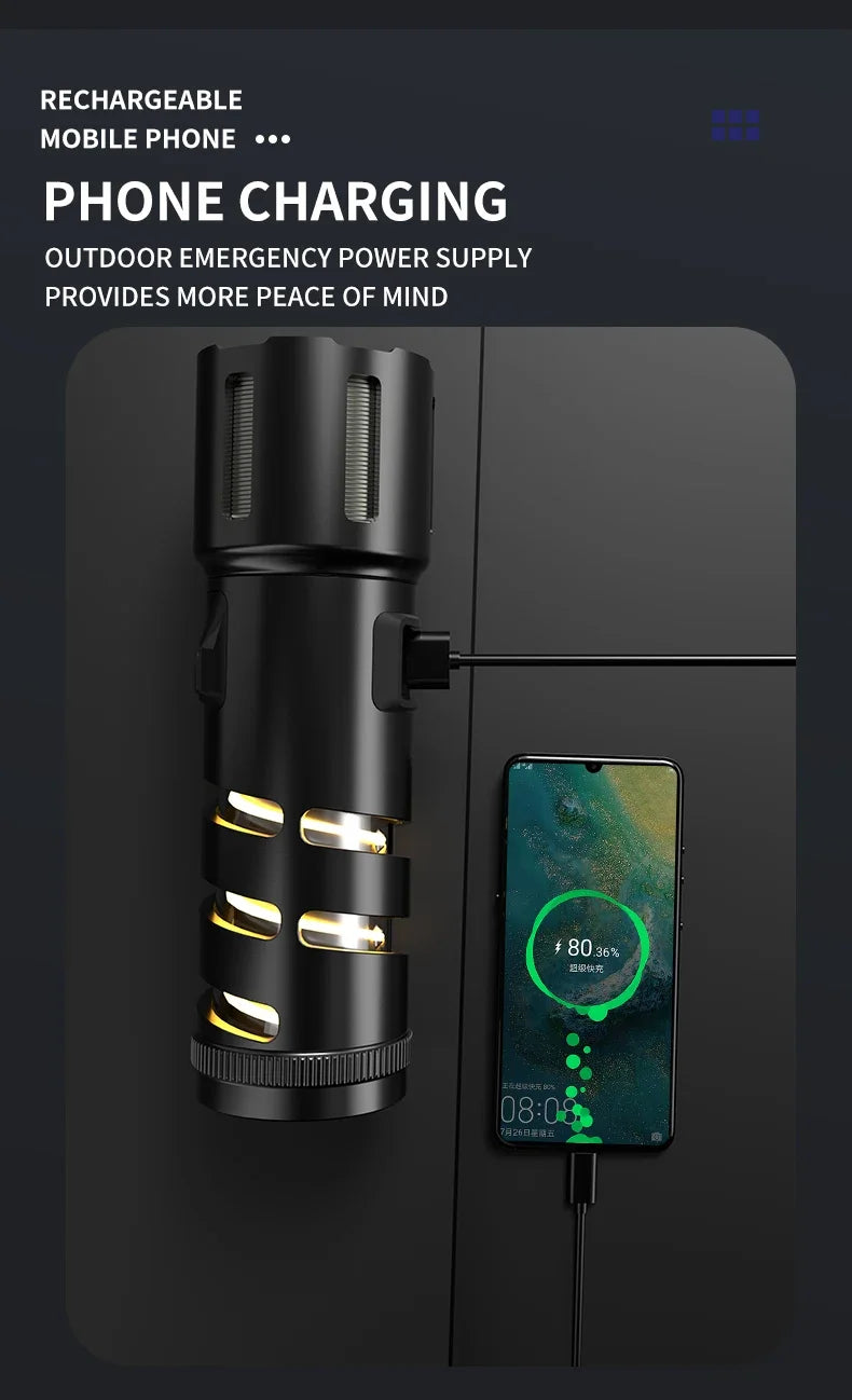 2-in-1 XHP360 High Power Tactical Flashlight Rechargeable Zoom Torch with Camping Light Power Bank Safety Hammer