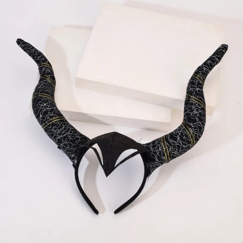 Girls Women Halloween Long Demon Ox Horn Headband Evil Queen Glitter Hair Hoop Cosplay Costume Magic Witch Headpiece Accessory