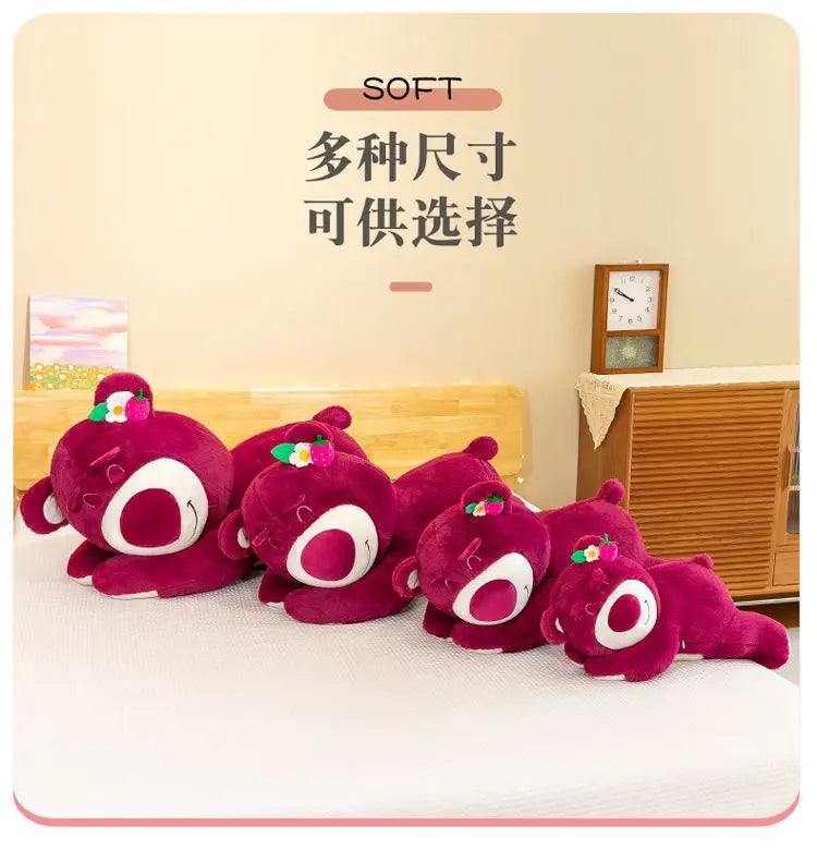 Kawaii Strawberry Bear Plush Stuffed Animal Lying Down Pillow
