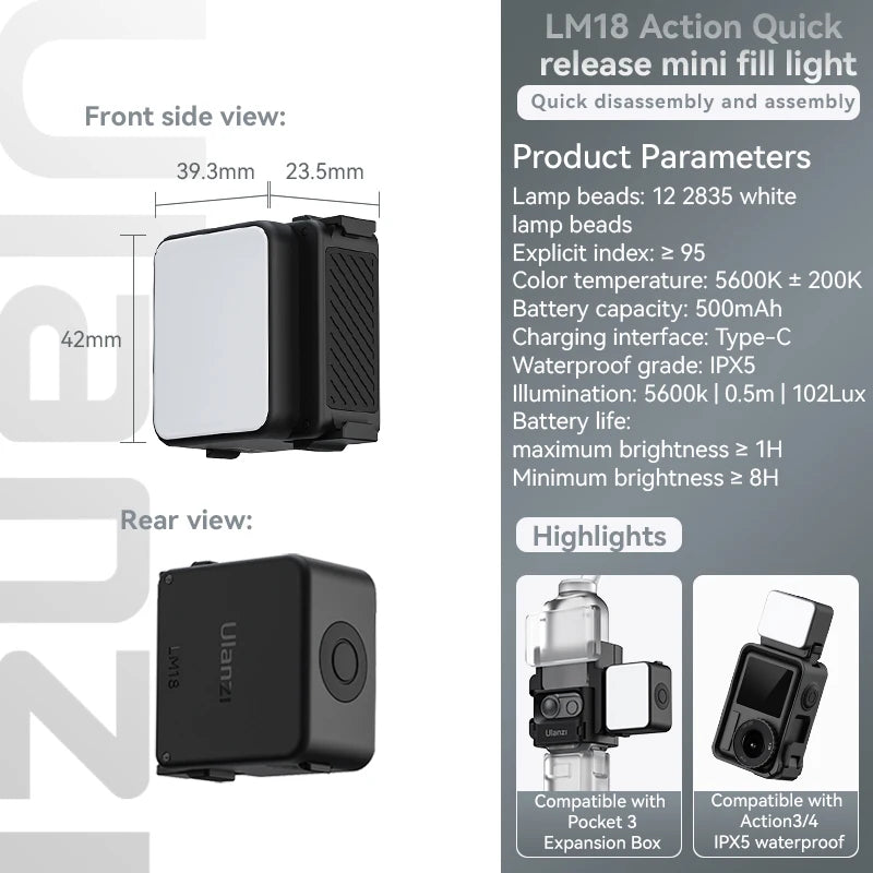 IPX5 Waterproof LED Video Fill Light, Magnetic Mini Light for DJI Osmo Action 5/4/3 & Pocket 3