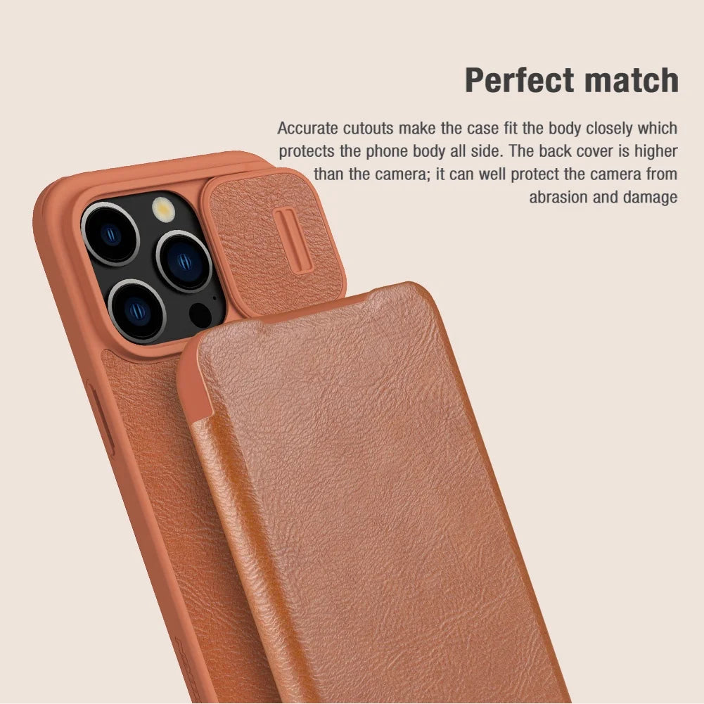 Luxury Flip QIN Pro Leather Case For iPhone 15 Pro Max Case Shockproof Camera Slider Protection Cover With Card Holder