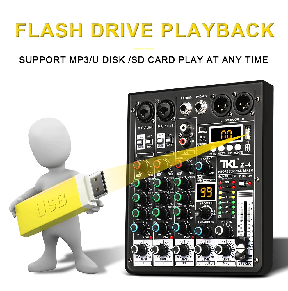 4 Channel Audio Mixer With 99 DSP Effects Bluetooth USB And 48V Phantom Power