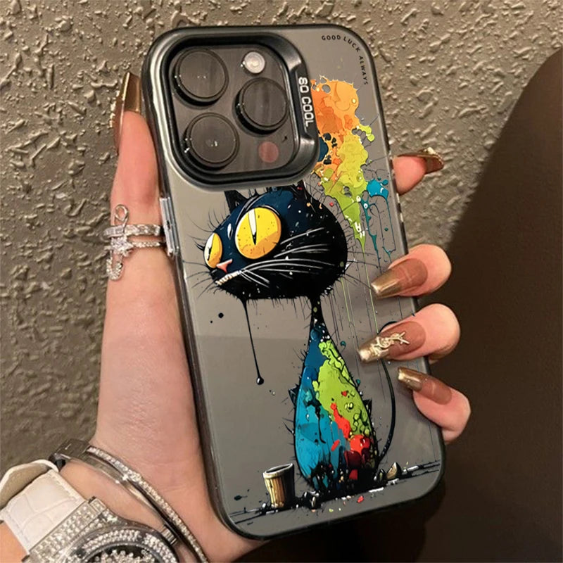 Personalized graffiti Cartoon Cat Phone Case For iPhone 15 16 Pro Max 14 Lens protect plating Cover