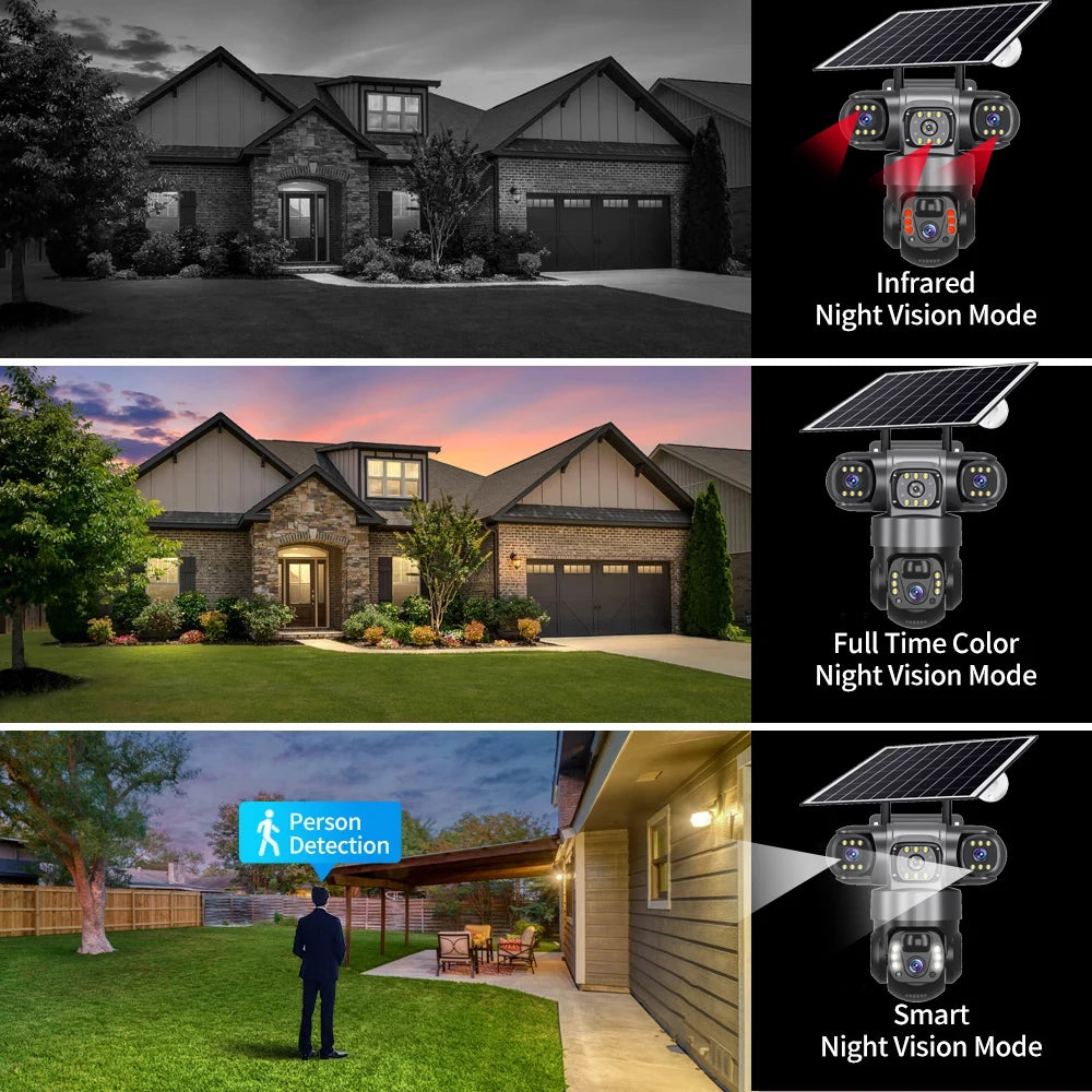 12MP 6K  Outdoor Solar 4G Camera Three Lens Three Screen PIR Motion Detection Cam Waterproof Night Vision Smart Security CCTV